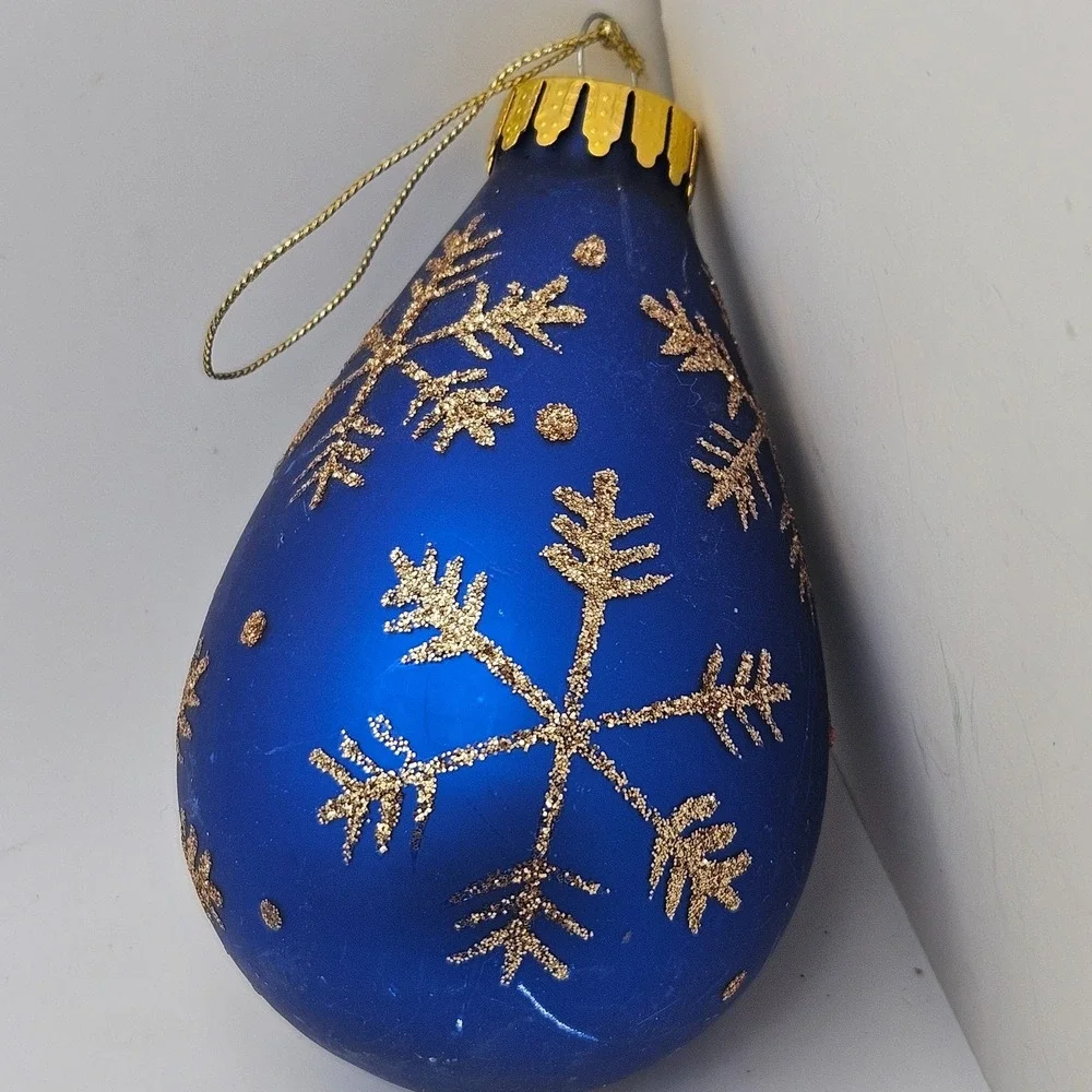 Vintage Blue Glass Teardrop Christmas Ornament Gold Glitter Snowflake Holiday